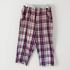 Vintage Plaid Capri Pants M/L Gauze Seersucker Lightweight Purple Green Pockets